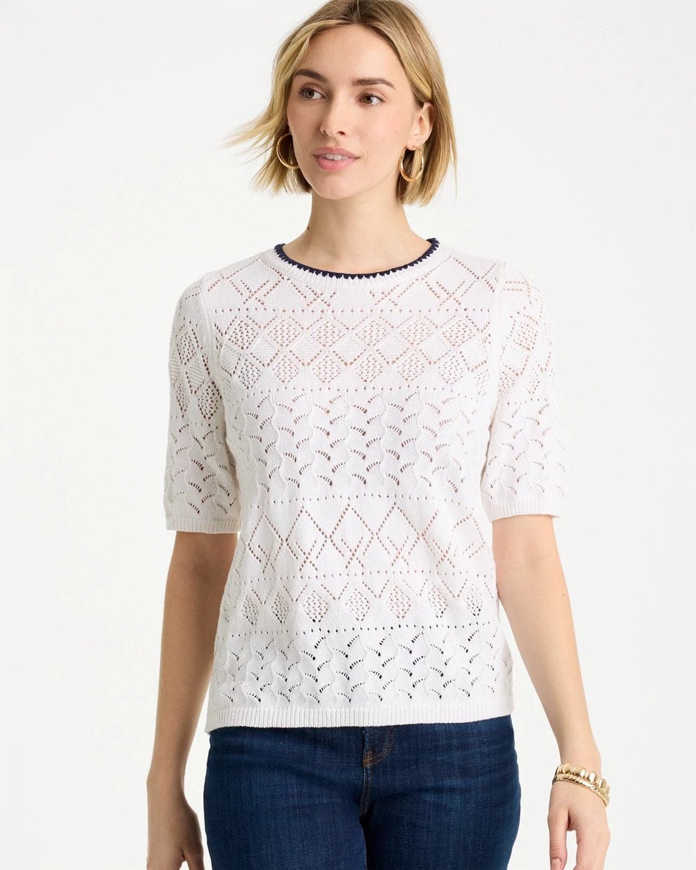 Pointelle Blanket-Stitch Pullover Sweater Alabaster - Chico's