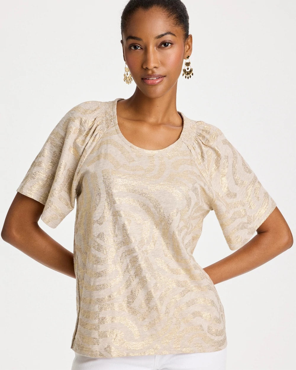 Cotton Foiled Shirred Tee Smokey Taupe - Chico's