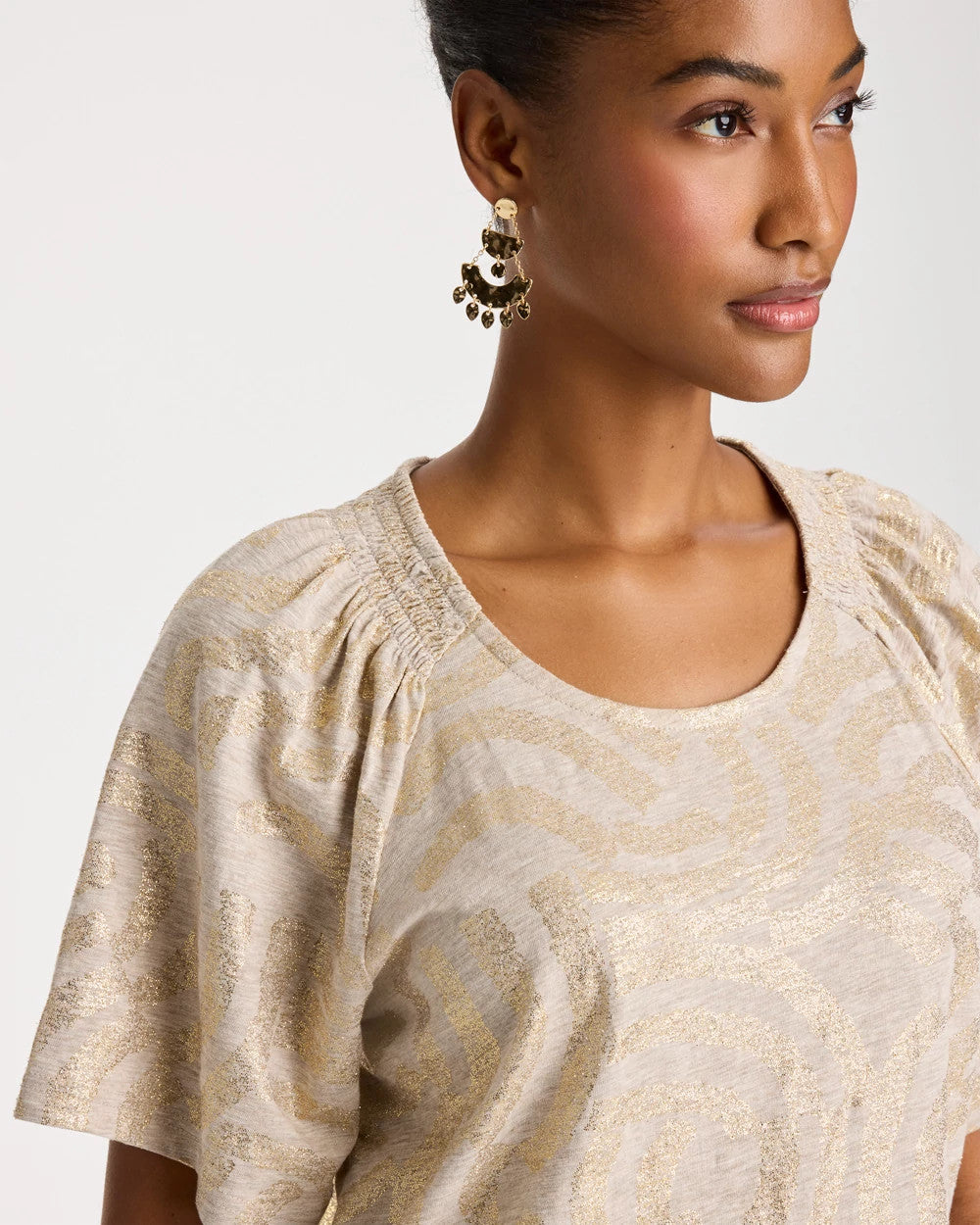 Cotton Foiled Shirred Tee Smokey Taupe - Chico's