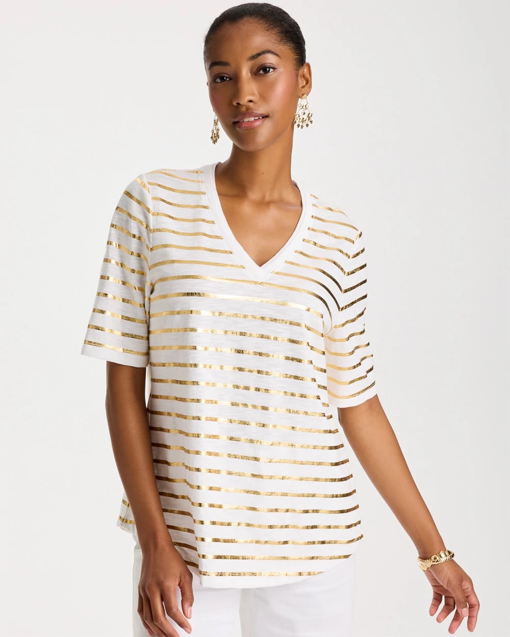 Striped Cotton Slub V-Neck Tee Alabaster - Chico's