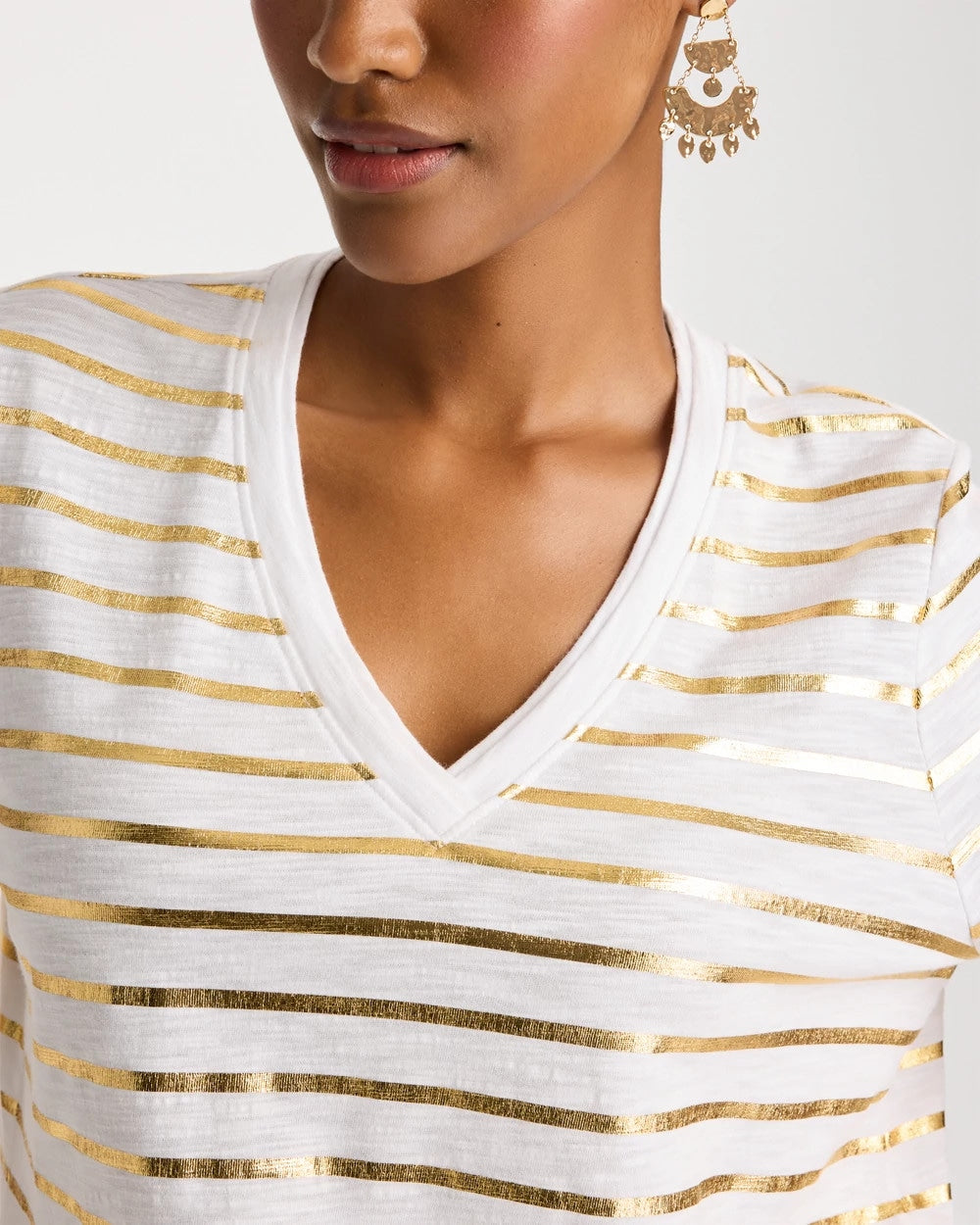 Striped Cotton Slub V-Neck Tee Alabaster - Chico's