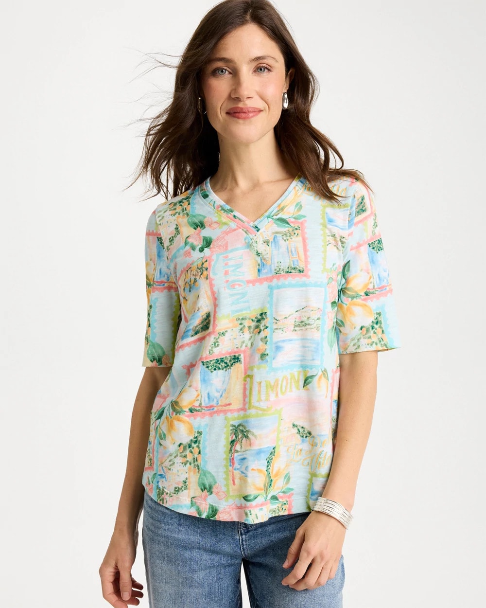Limoni Dolci Cotton Slub V-Neck Tee Bondi Blue - Chico's
