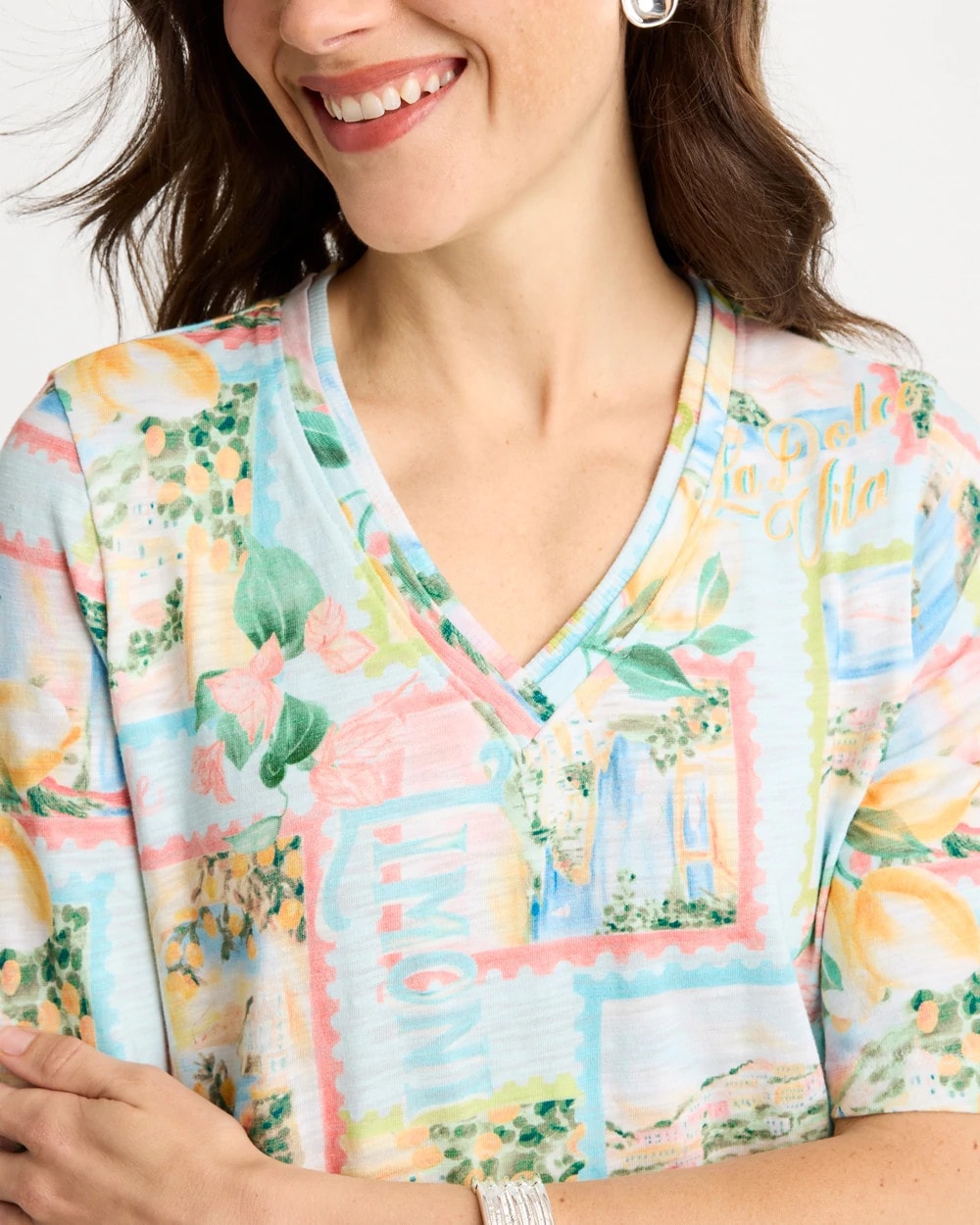 Limoni Dolci Cotton Slub V-Neck Tee Bondi Blue - Chico's