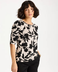 Flora Linen Ruched Sleeve Tee Black - Chico's
