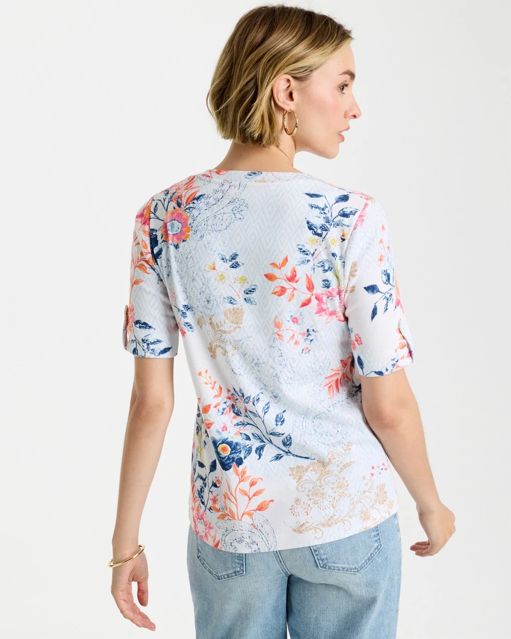 Pima Floral Elbow Sleeve Tee Calypso Coral - Chico's