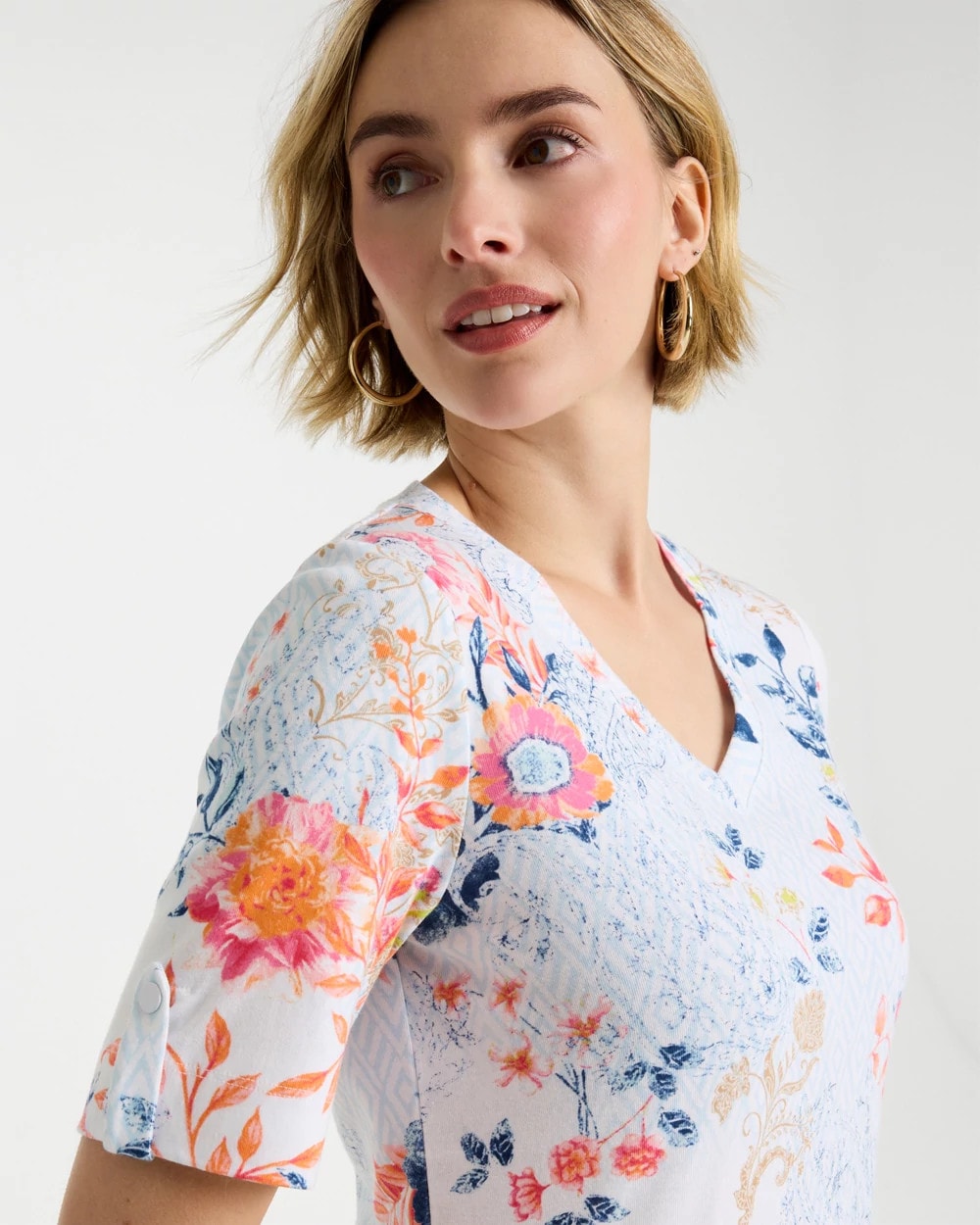 Pima Floral Elbow Sleeve Tee Calypso Coral - Chico's