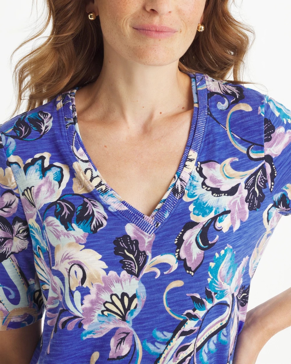 Paisley Cotton Slub V-Neck Tee Amparo Blue - Chico's