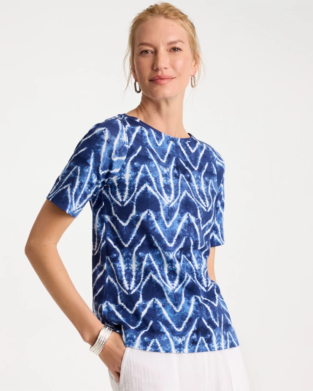Tie Dye Chevron Pima Elbow Sleeve Tee Passport Blue - Chico's