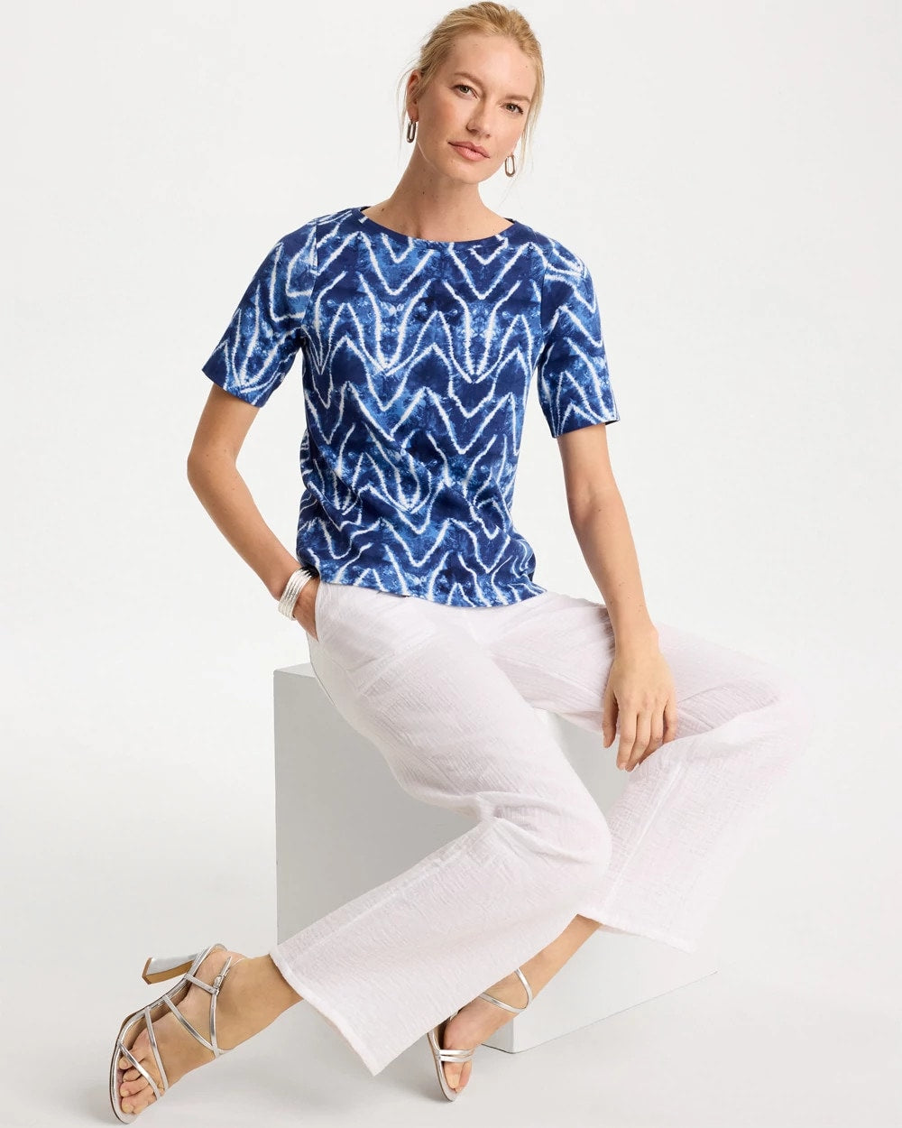 Tie Dye Chevron Pima Elbow Sleeve Tee Passport Blue - Chico's