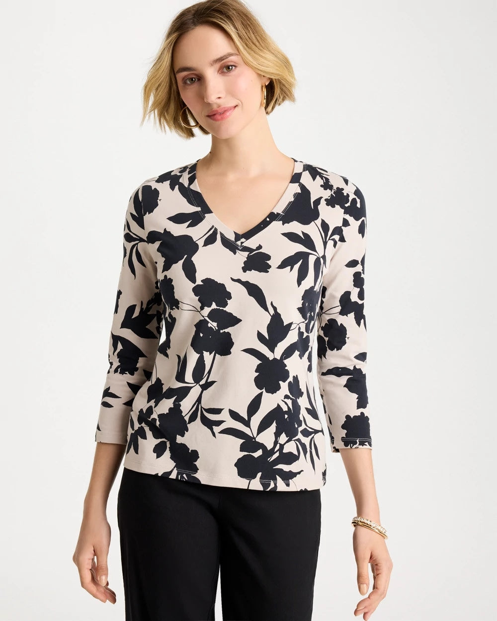 Cotton Stretch 3/4 Sleeve Floral Tee Black - Chico's