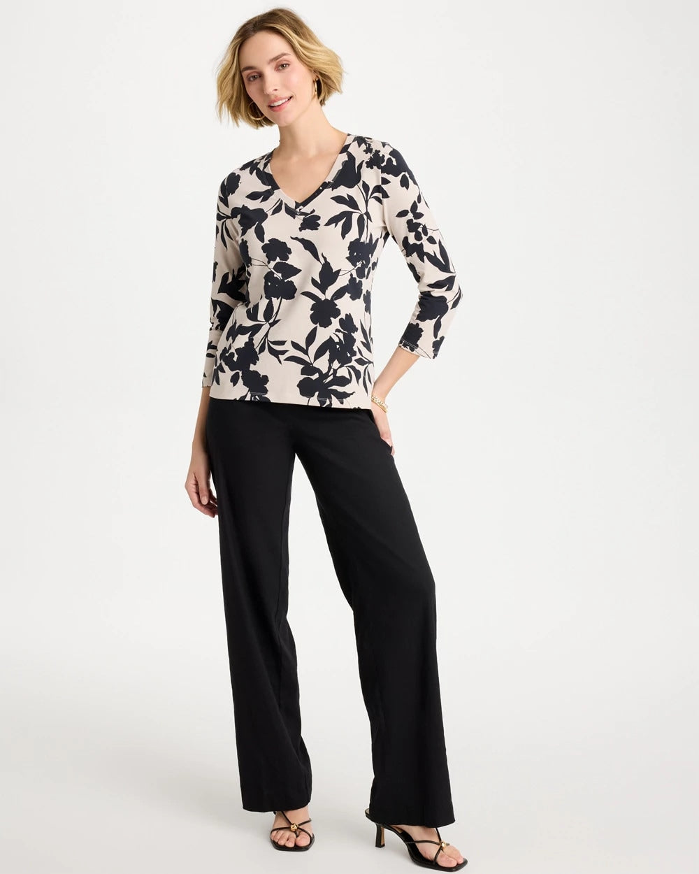 Cotton Stretch 3/4 Sleeve Floral Tee Black - Chico's