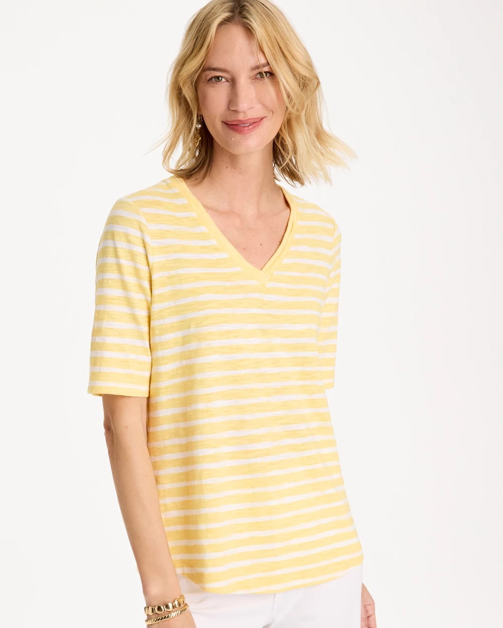 Striped Cotton Slub V-Neck Tee Golden Haze - Chico's