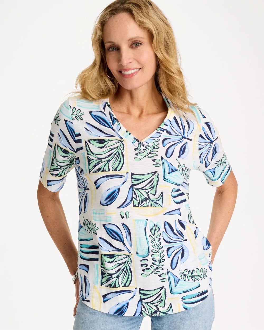 Palm Cotton Slub V-Neck Tee Green Clover - Chico's