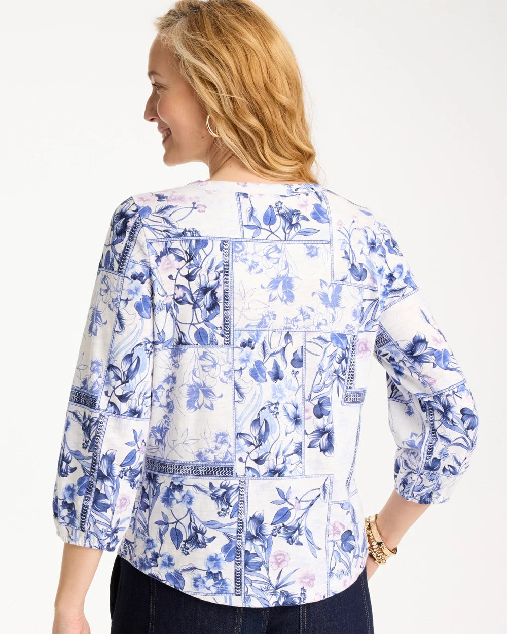 Elle Puff Sleeve Cotton Slub Henley Tee Passport Blue - Chico's