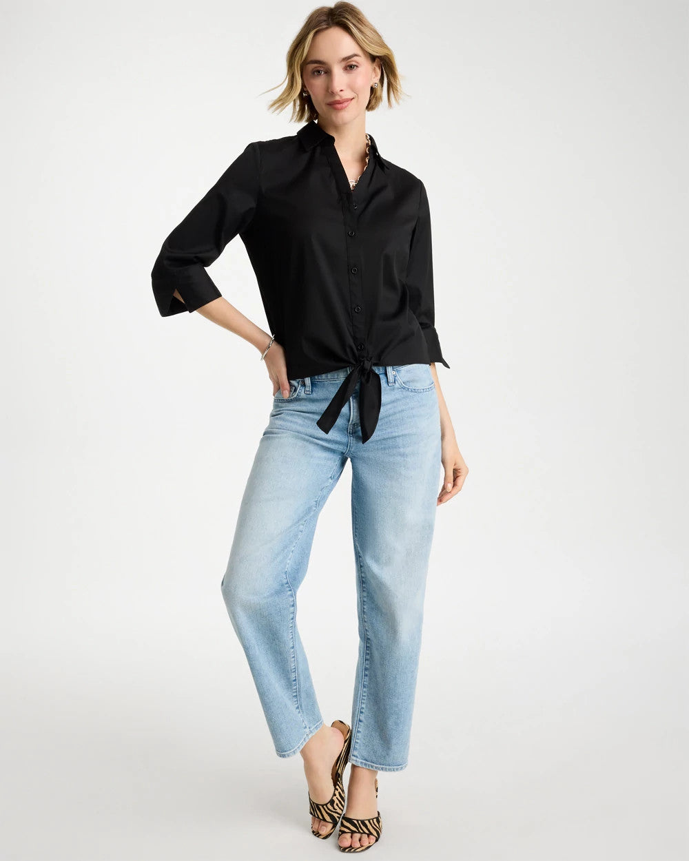 Poplin Cotton Tie-Front Top Black - Chico's