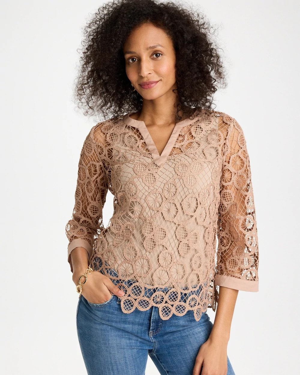 Mixed-Media Medallion Lace Top Mocha Mousse - Chico's
