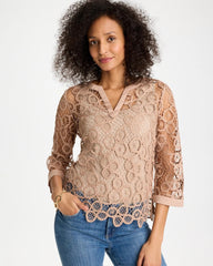 Mixed-Media Medallion Lace Top Mocha Mousse - Chico's