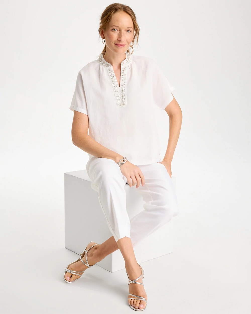 Linen Embellished Popover Top Alabaster - Chico's