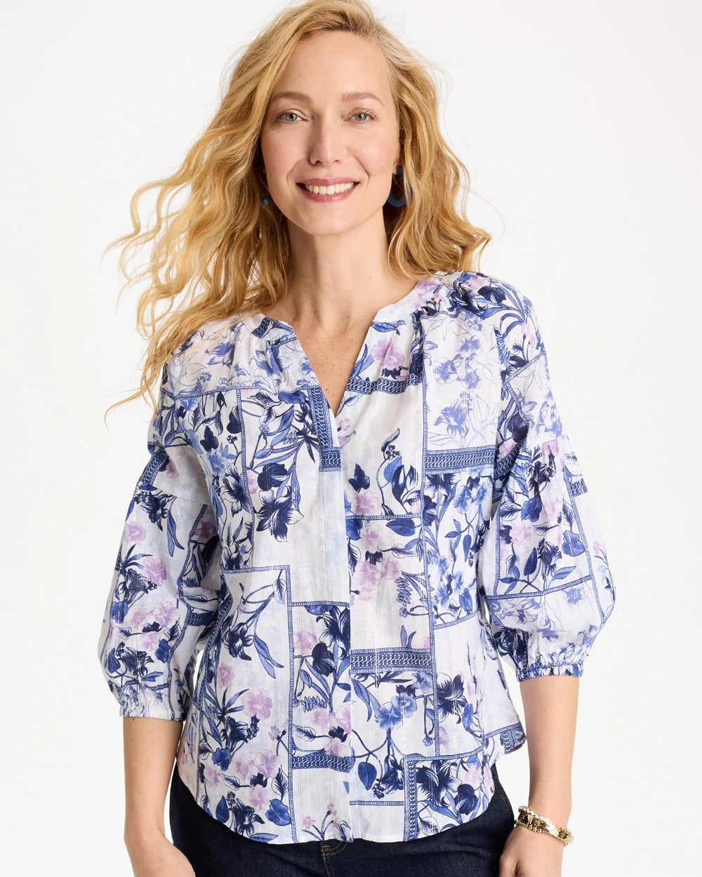 Cotton Printed Billow Sleeve Blouse Amparo Blue - Chico's