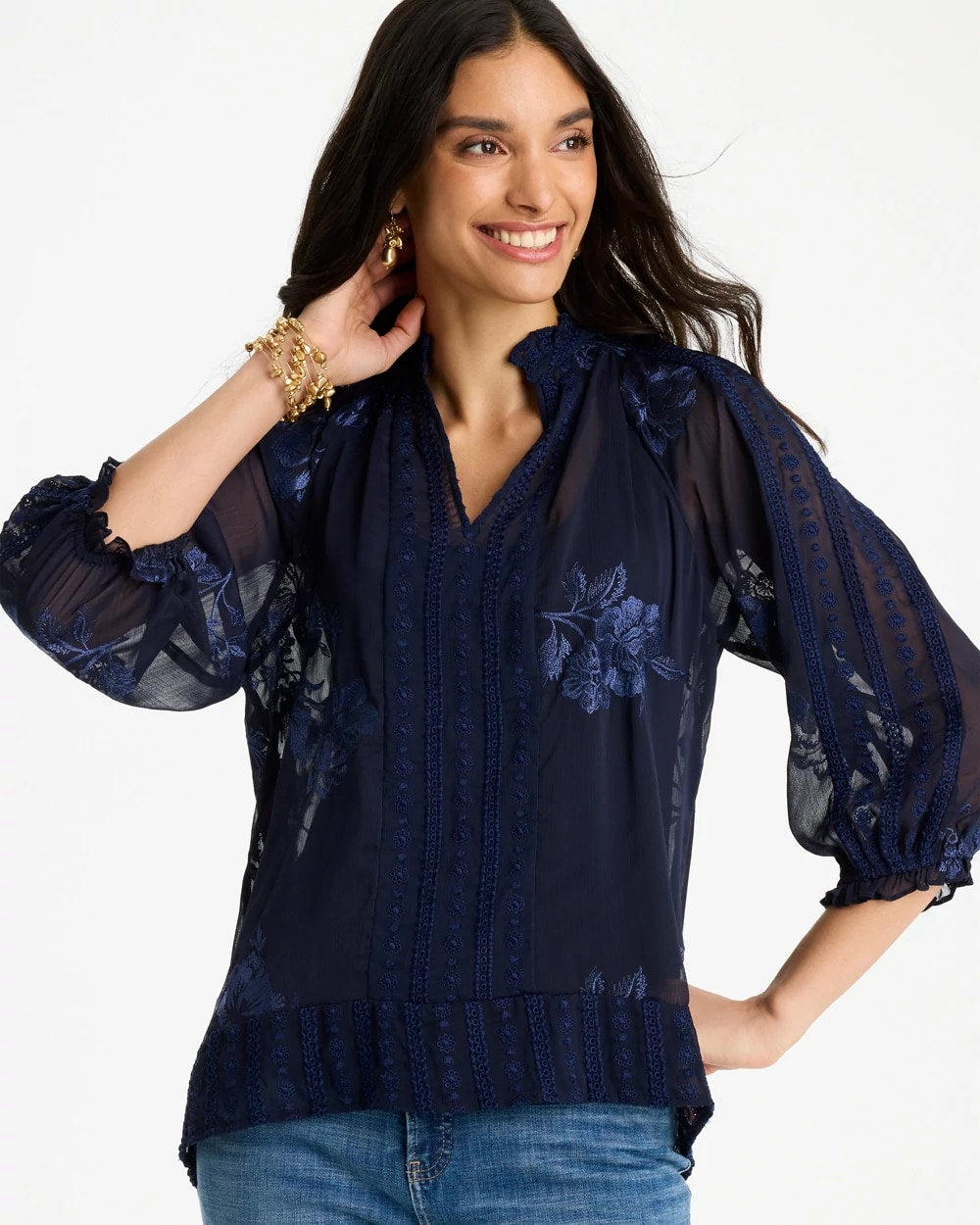 Embellished Splitneck Blouse Passport Blue - Chico's