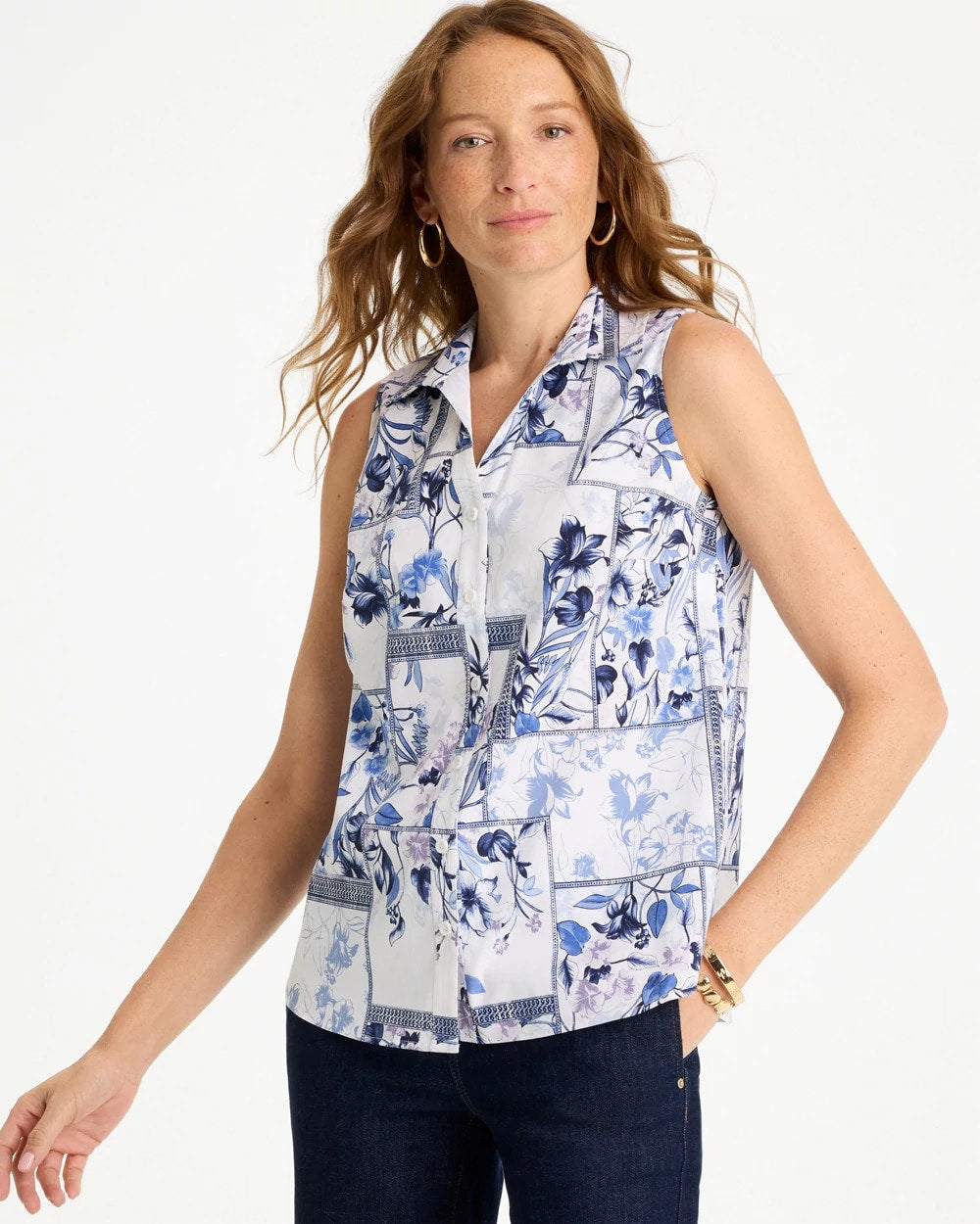 Cotton-Blend Classic Printed Sleeveless Shirt Amparo Blue - Chico's