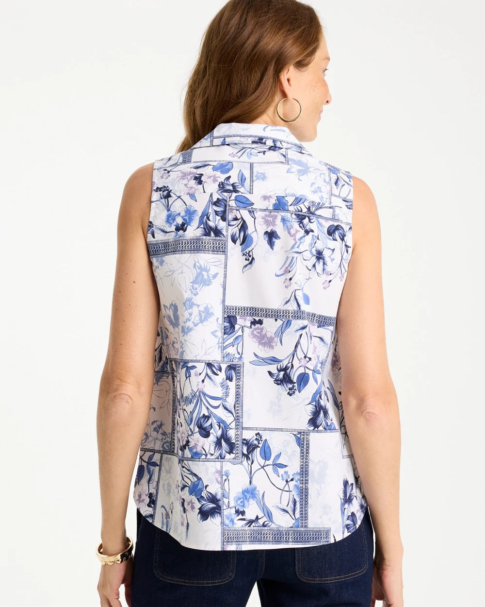 Cotton-Blend Classic Printed Sleeveless Shirt Amparo Blue - Chico's