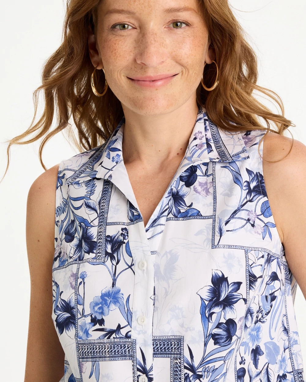 Cotton-Blend Classic Printed Sleeveless Shirt Amparo Blue - Chico's