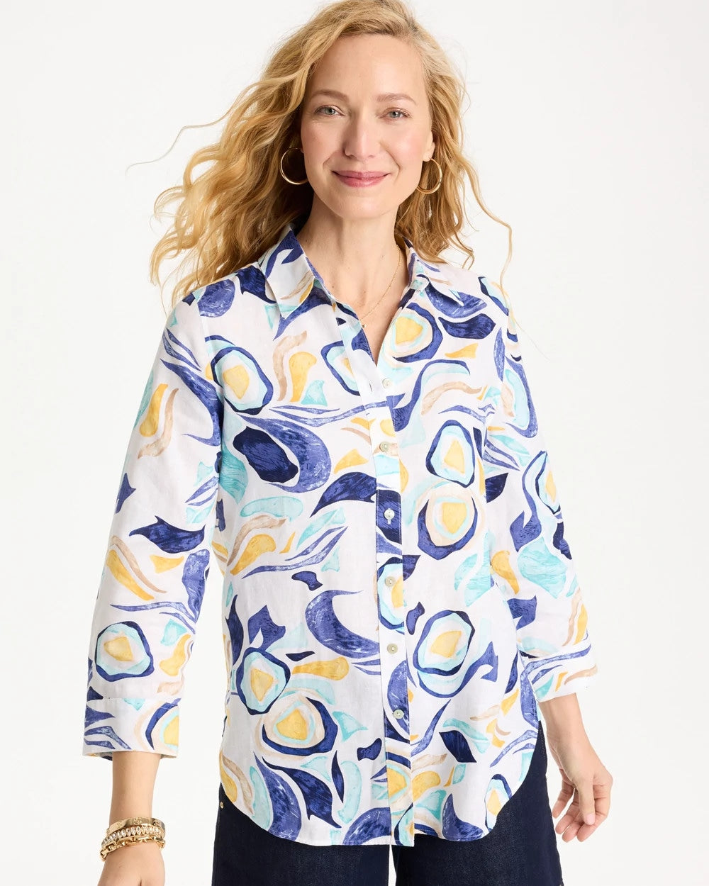 No Iron™ Linen Handpainted Print Shirt Passport Blue - Chico's