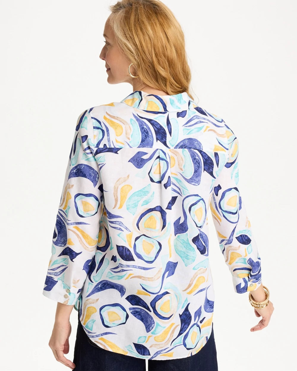 No Iron™ Linen Handpainted Print Shirt Passport Blue - Chico's