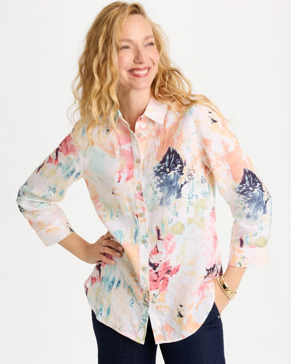 No Iron™ Linen Printed Shirt Calypso Coral - Chico's