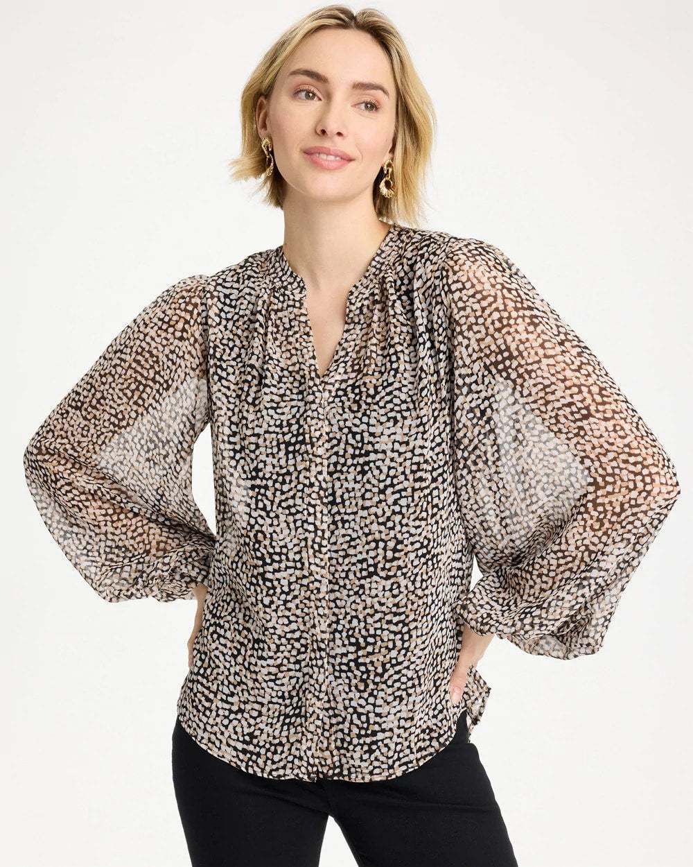 Georgette Printed Squares Blouse Black - Chico's