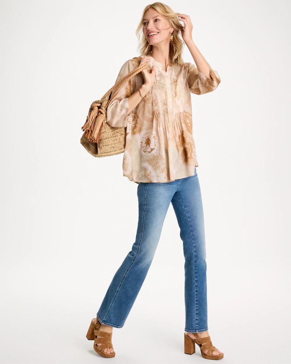 Cotton-Blend Pintuck Tunic Sandstone - Chico's