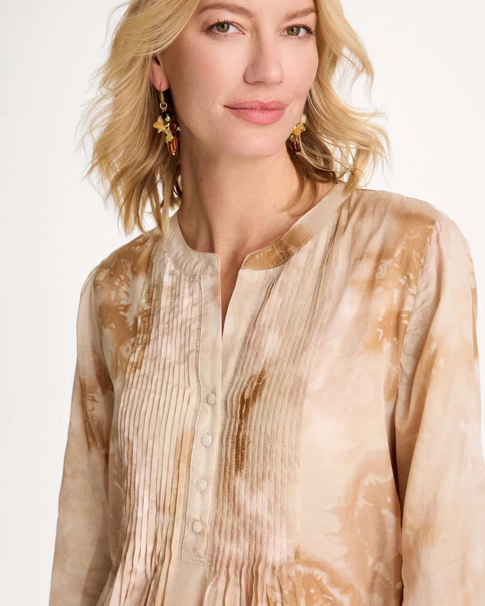 Cotton-Blend Pintuck Tunic Sandstone - Chico's