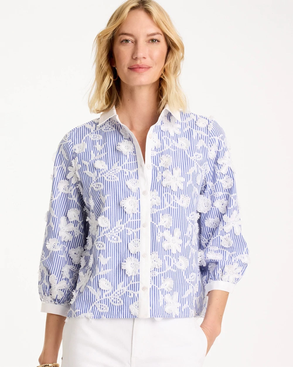 Cotton 3D Embroidered Striped Shirt Alabaster - Chico's