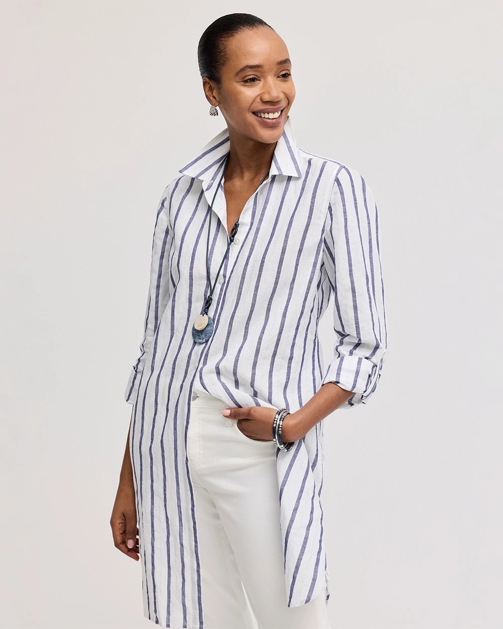 Linen Metallic Striped Duster Shirt Alabaster - Chico's