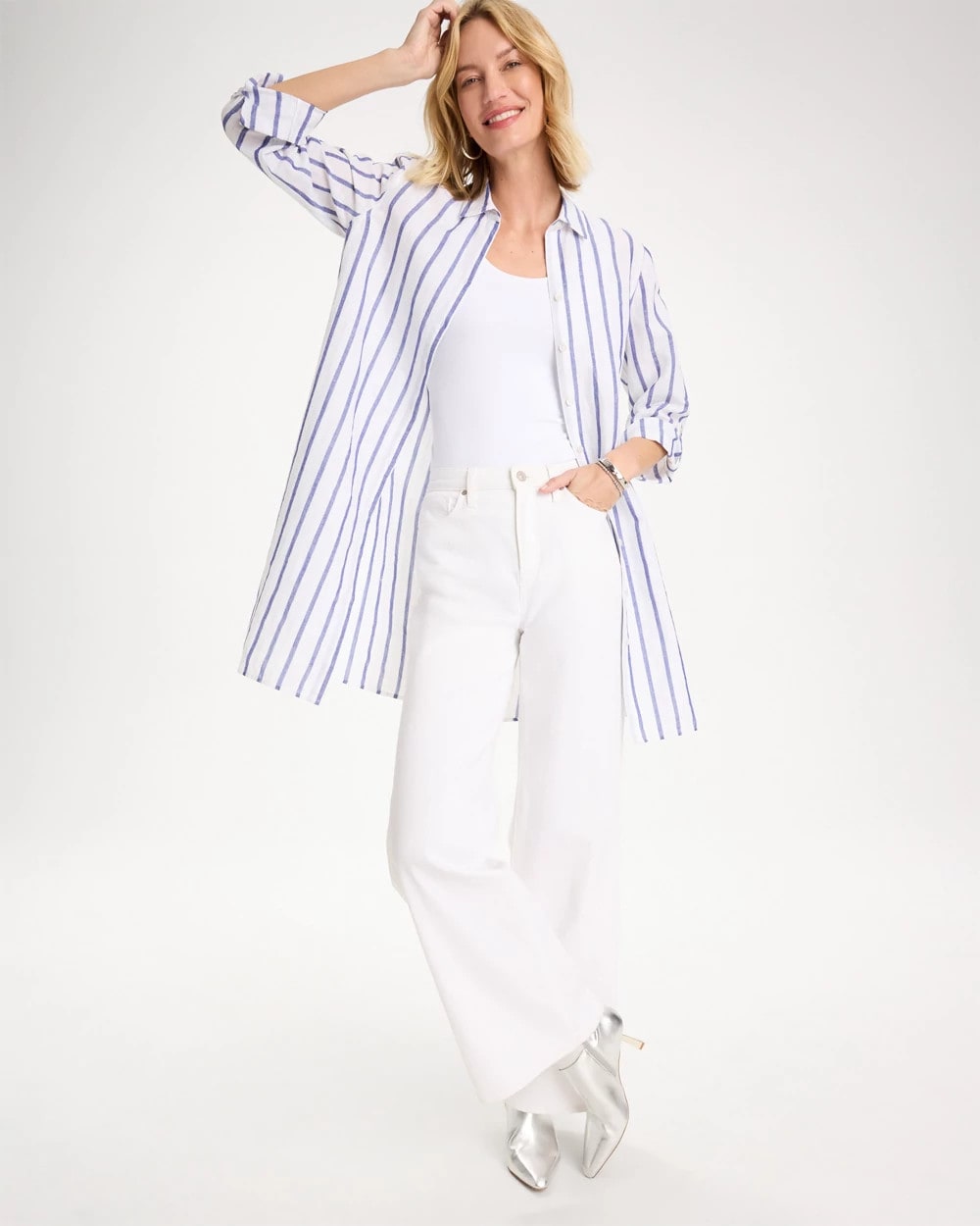 Linen Metallic Striped Duster Shirt Alabaster - Chico's