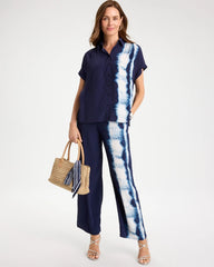 Faux Silk Henley Colorblock Top Passport Blue - Chico's