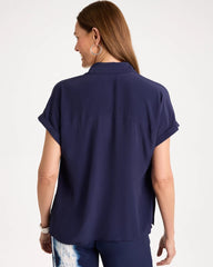 Faux Silk Henley Colorblock Top Passport Blue - Chico's