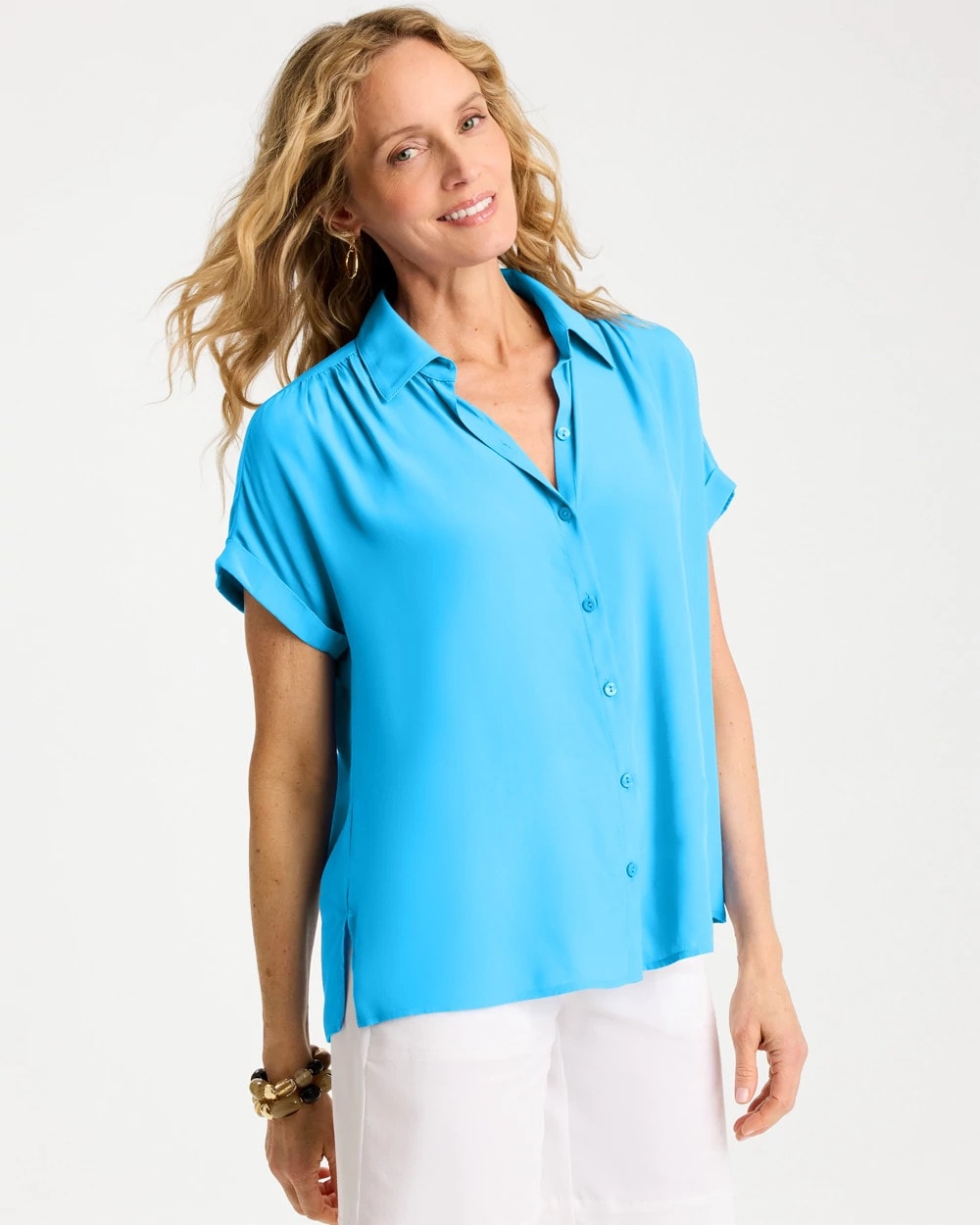 Faux Silk Henley Top Blue Tide - Chico's