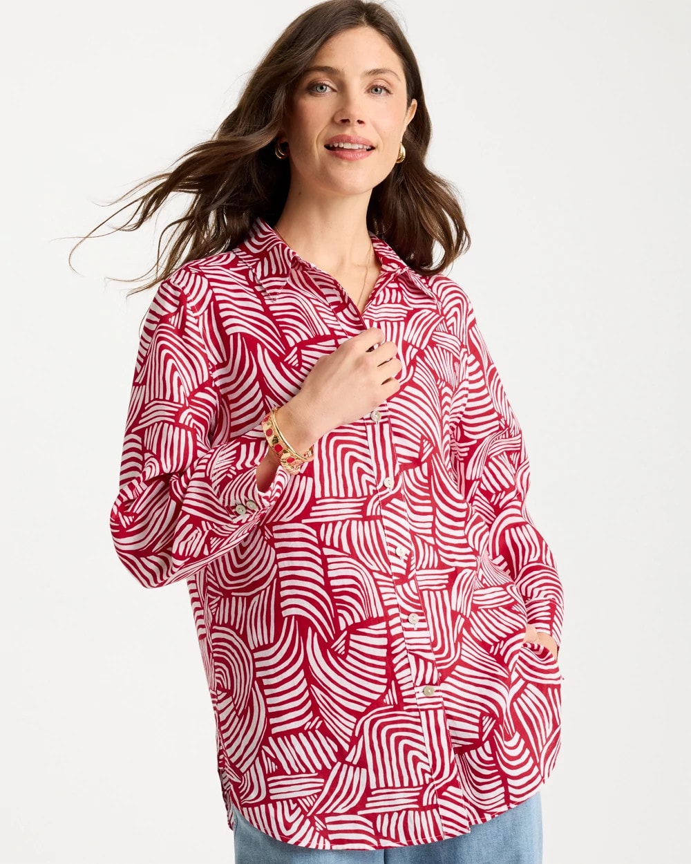 No Iron™ Linen Geo Print Shirt Cherry Lush - Chico's