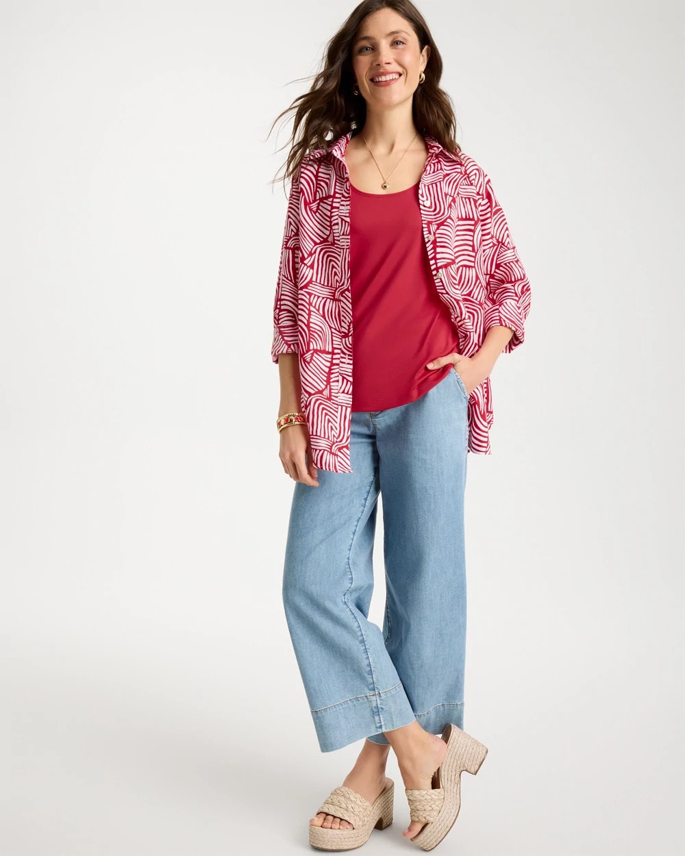 No Iron™ Linen Geo Print Shirt Cherry Lush - Chico's
