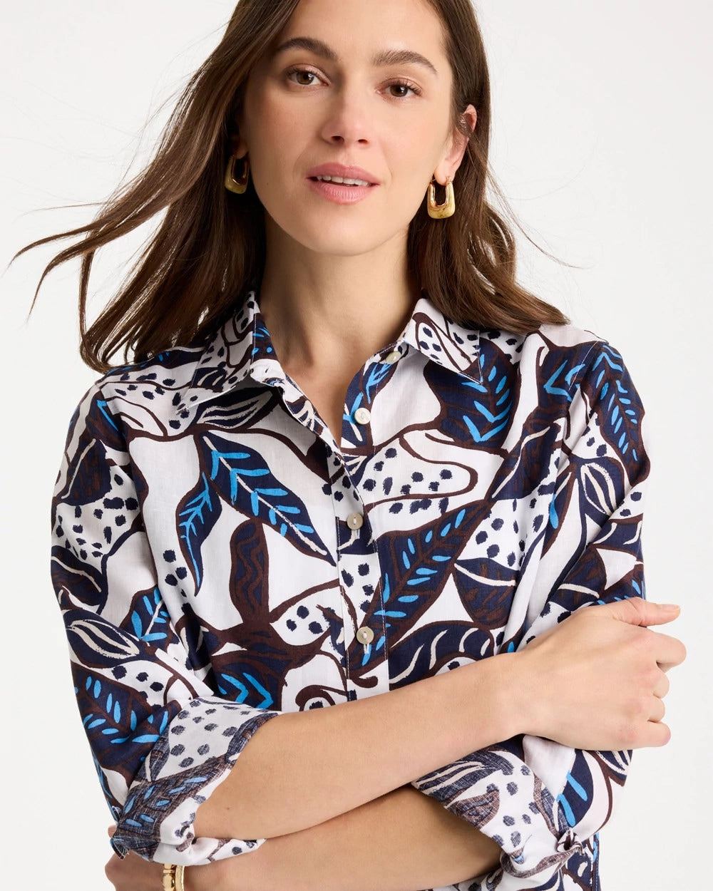 Printed No Iron Linen Shirt Passport Blue - Chico's