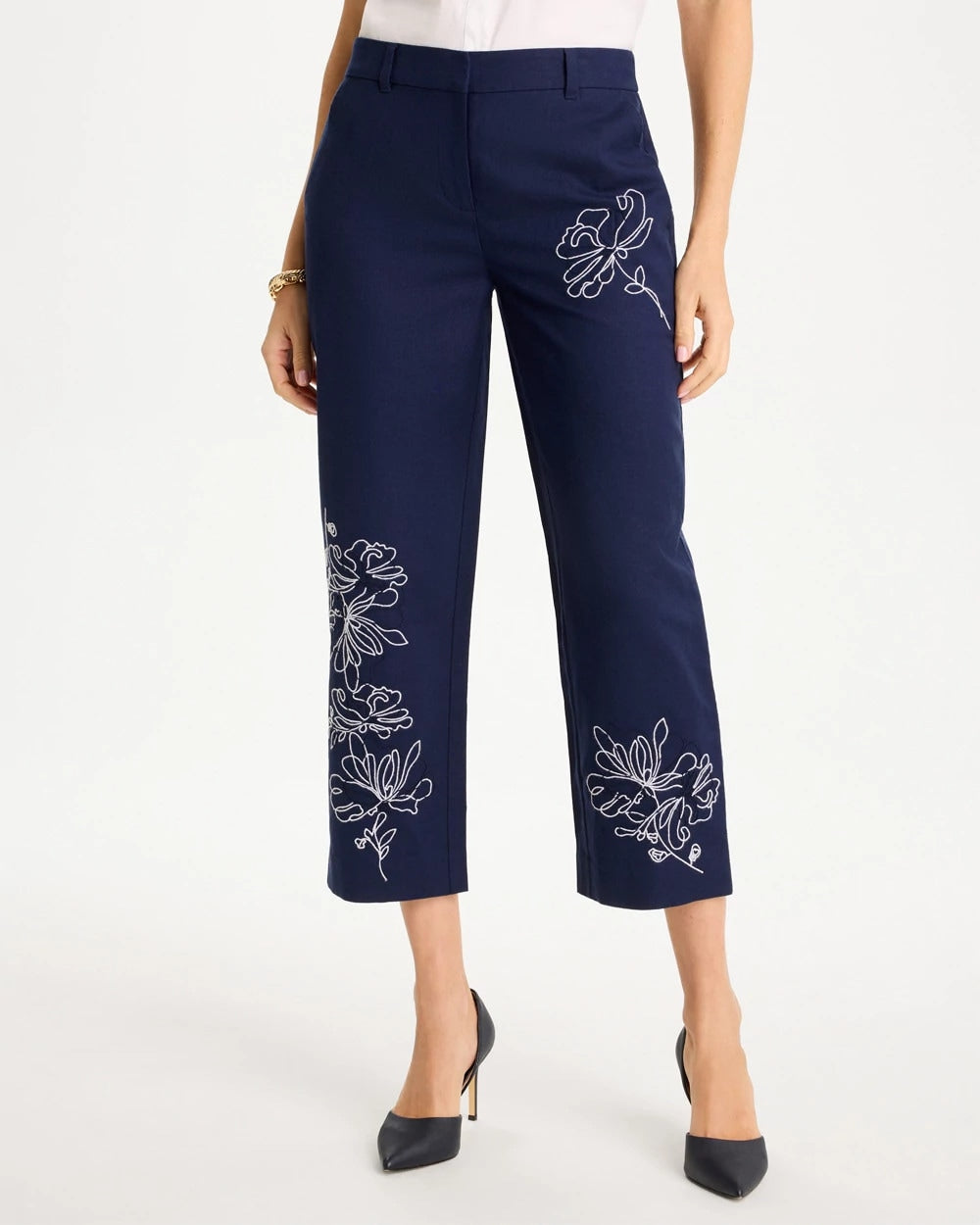Embroidered Linen Fly Front Pants Passport Blue - Chico's