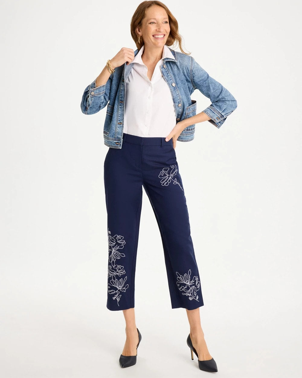 Embroidered Linen Fly Front Pants Passport Blue - Chico's