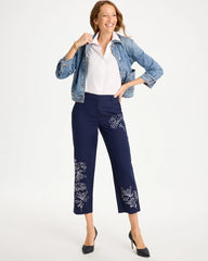 Embroidered Linen Fly Front Pants Passport Blue - Chico's