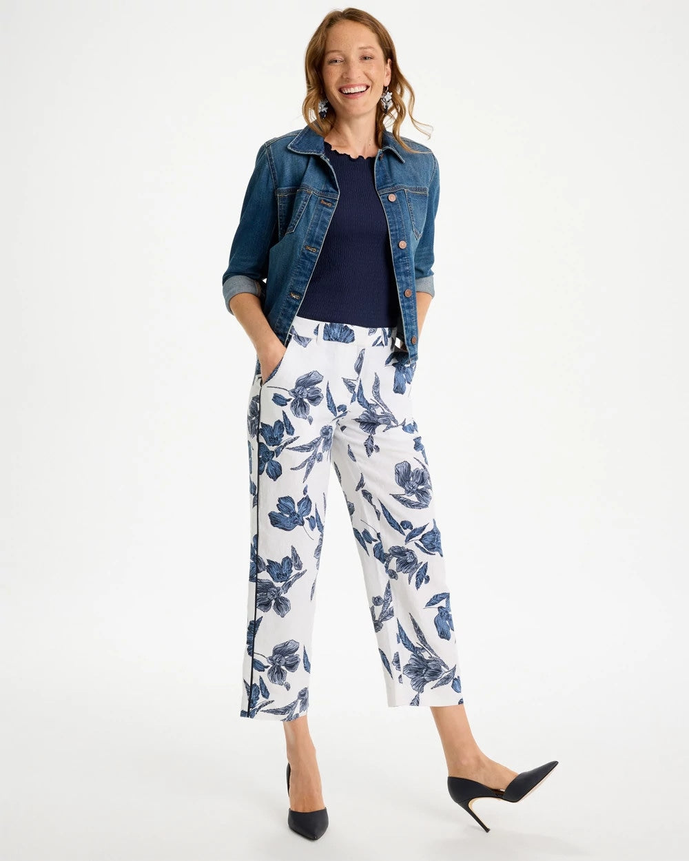 Piped Linen Fly Front Pants Passport Blue - Chico's