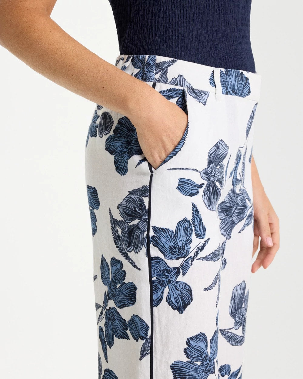 Piped Linen Fly Front Pants Passport Blue - Chico's