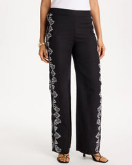 Embroidered Pull-On Wide-Leg Linen Pants Black - Chico's