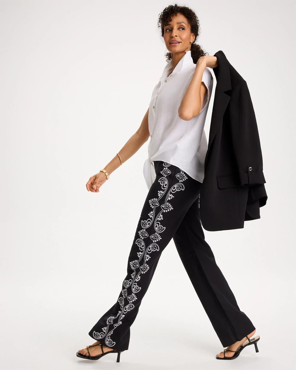 Embroidered Pull-On Wide-Leg Linen Pants Black - Chico's