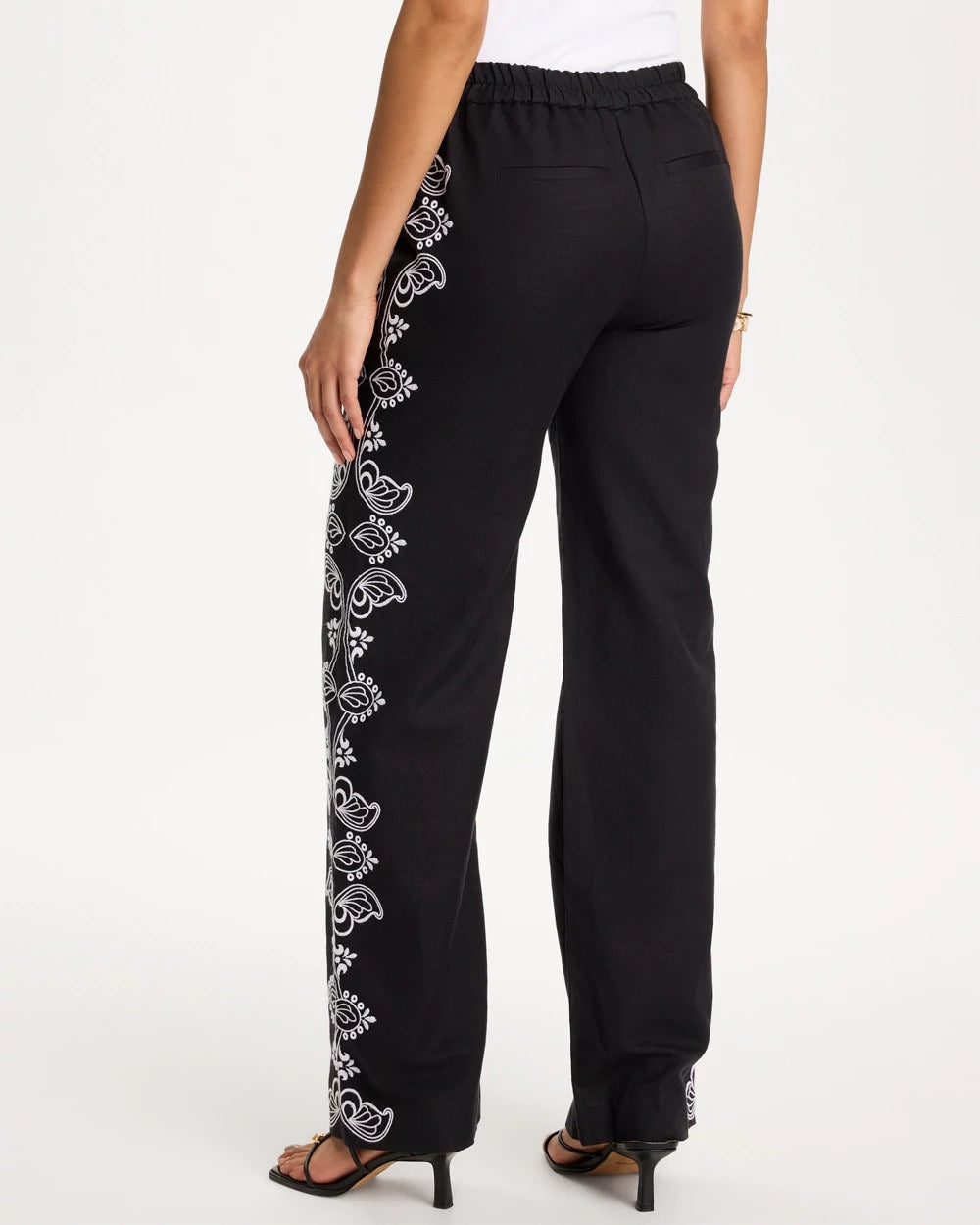 Embroidered Pull-On Wide-Leg Linen Pants Black - Chico's